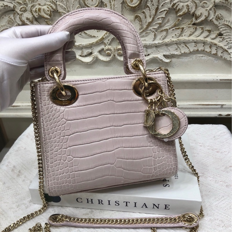 Dior 迪奥粉灰色 鳄鱼皮 钻扣 戴妃3格 链条包 22年 公价17万➕-0