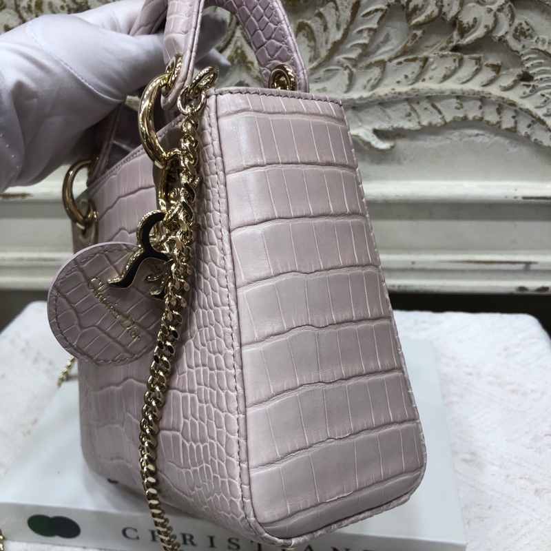 Dior 迪奥粉灰色 鳄鱼皮 钻扣 戴妃3格 链条包 22年 公价17万➕-2