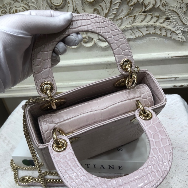 Dior 迪奥粉灰色 鳄鱼皮 钻扣 戴妃3格 链条包 22年 公价17万➕-5