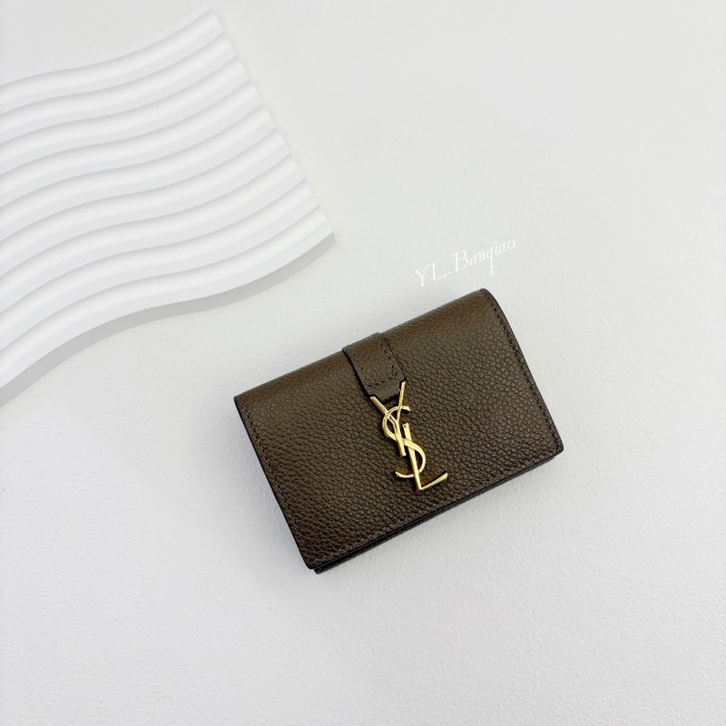 YSL 灰褐色牛皮三折式迷你短夾-0