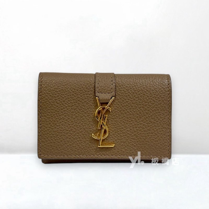 YSL 灰褐色牛皮三折式迷你短夾-1