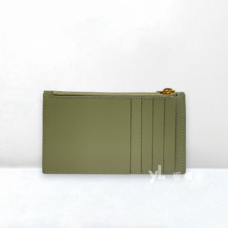 YSL 橄欖綠荔枝牛皮拉鍊扁式卡片包-2