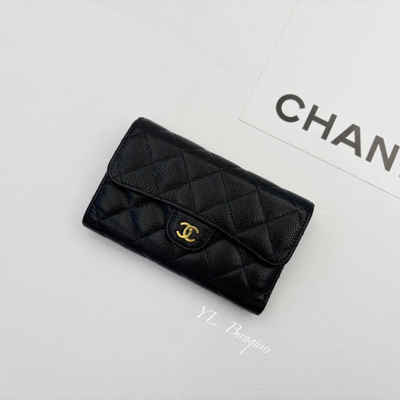 CHANEL 黑荔枝皮金釦三折中夾AP0232-0
