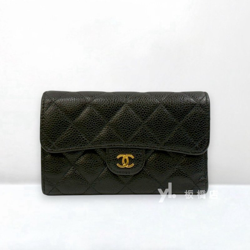 CHANEL 黑荔枝皮金釦三折中夾AP0232-1