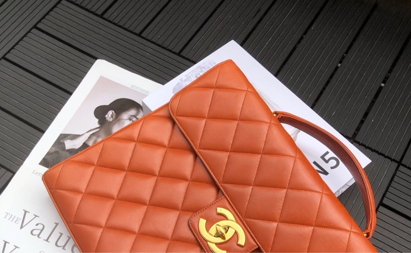 Chanel 香奈儿 中古大金扣 橘色公文手提包-0