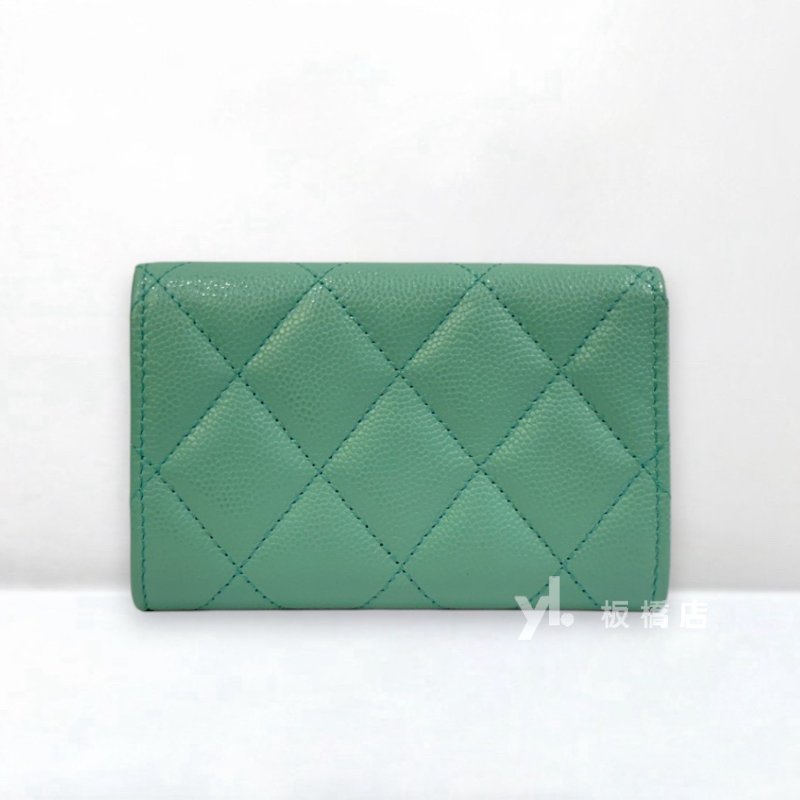 CHANEL Tiffany綠荔枝皮珍珠LOGO卡片零錢包AP2144-4