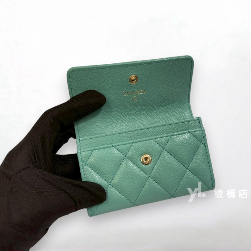 CHANEL Tiffany綠荔枝皮珍珠LOGO卡片零錢包AP2144-6