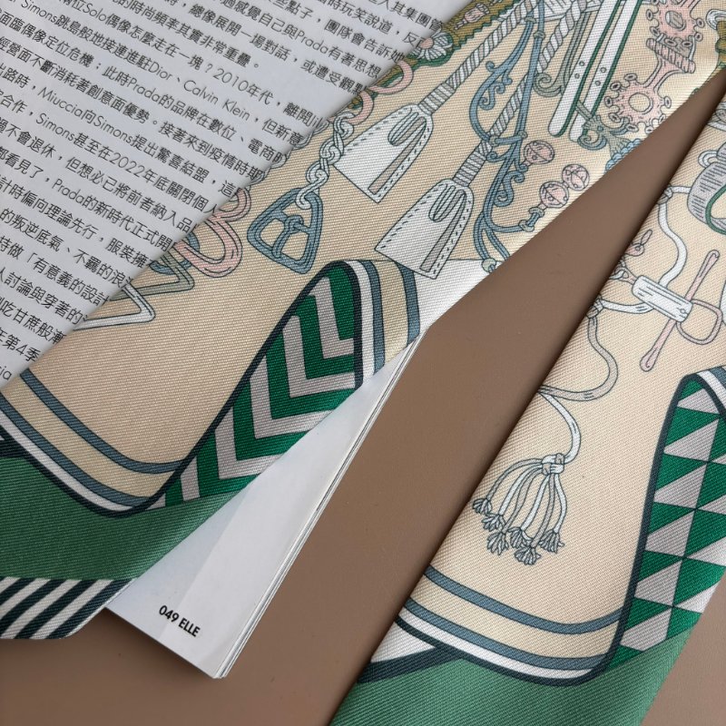 ::Hermes:: 愛馬仕 米褐色 x 綠色 繩索花紋Twilly絲巾-8