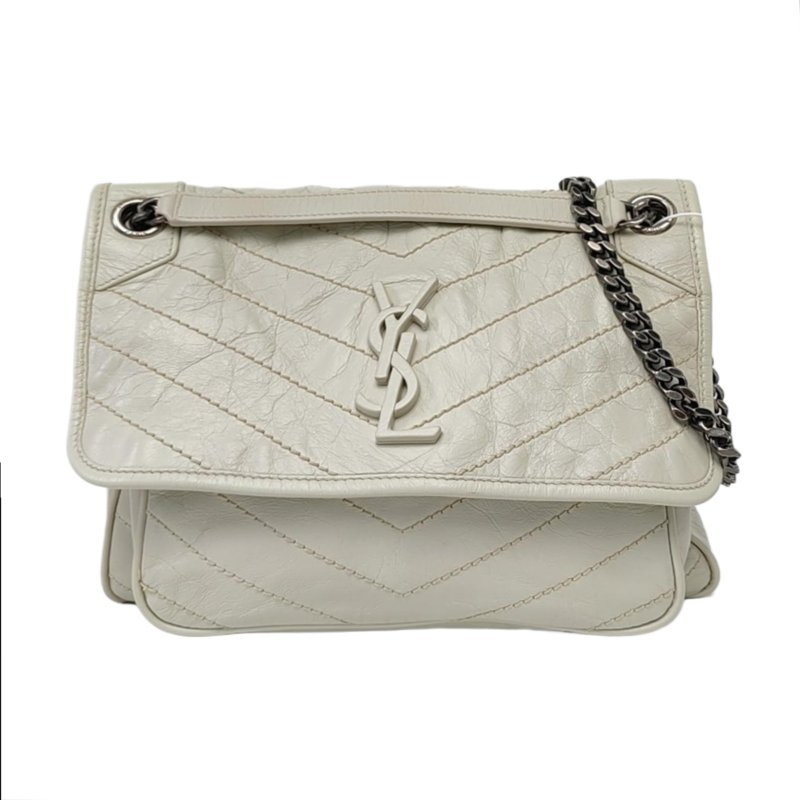 YSL NIKI中號 米色牛皮縫斜背包肩背包 D扣 釕色五金-0