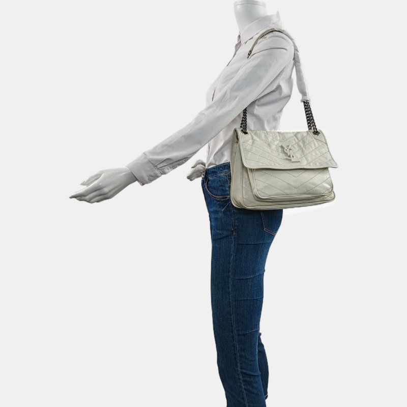 YSL NIKI中號 米色牛皮縫斜背包肩背包 D扣 釕色五金-1