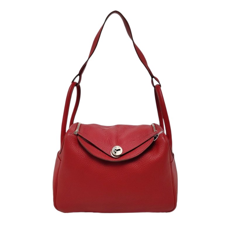 HERMÈS Lindy 30 正紅色Clemence牛皮琳迪包肩背包手提包 銀色五金 框R刻-0