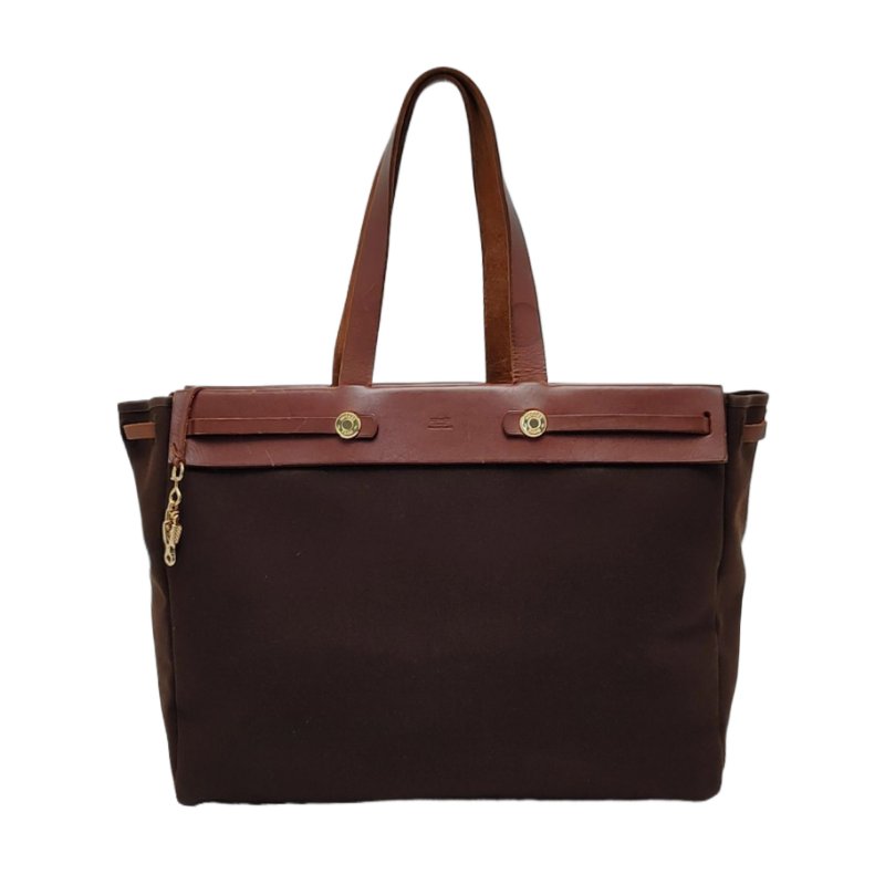 HERMÈS Herbag Cabas 深棕色帆布肩背包手提包 金色五金 框F刻-0
