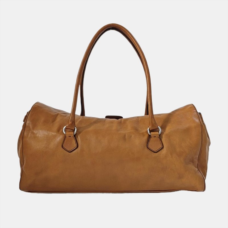 PRADA Easy 棕色牛皮肩背包 手提包 銀色五金-4