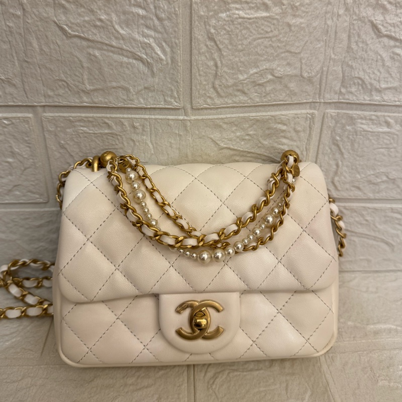 Chanel白羊皮菱格珍珠提把鏈包斜背包-1