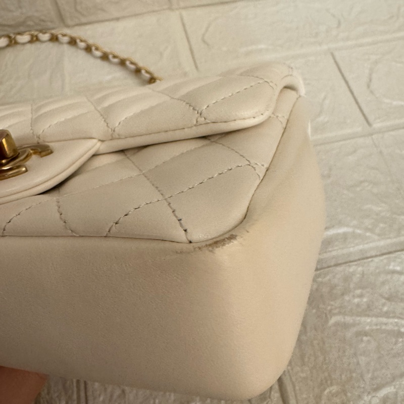Chanel白羊皮菱格珍珠提把鏈包斜背包-7