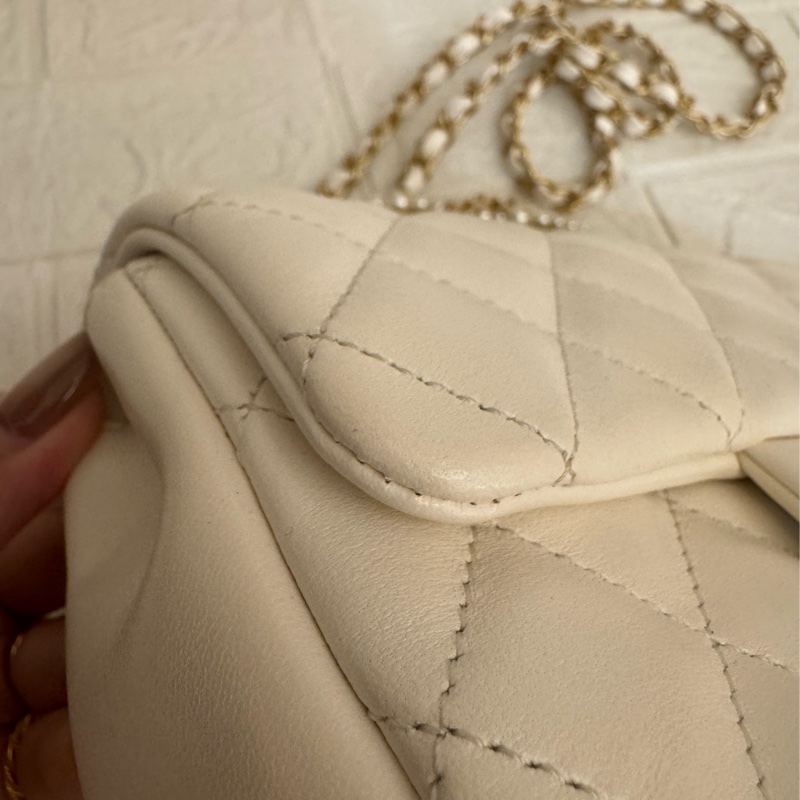 Chanel白羊皮菱格珍珠提把鏈包斜背包-15