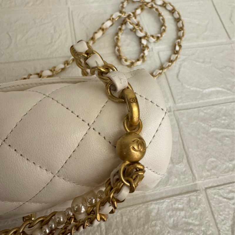 Chanel白羊皮菱格珍珠提把鏈包斜背包-18