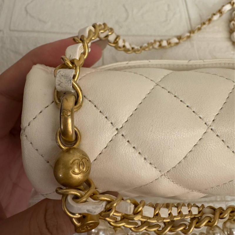 Chanel白羊皮菱格珍珠提把鏈包斜背包-19