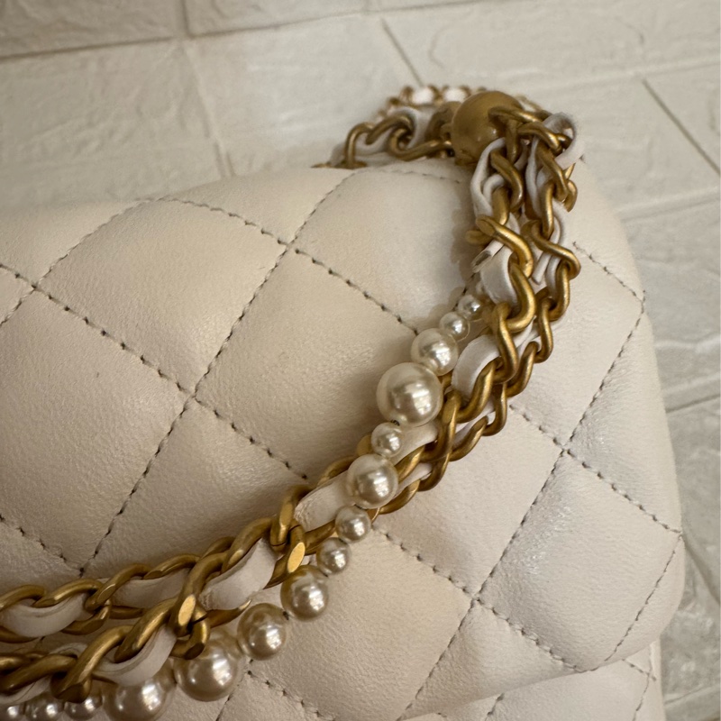 Chanel白羊皮菱格珍珠提把鏈包斜背包-20
