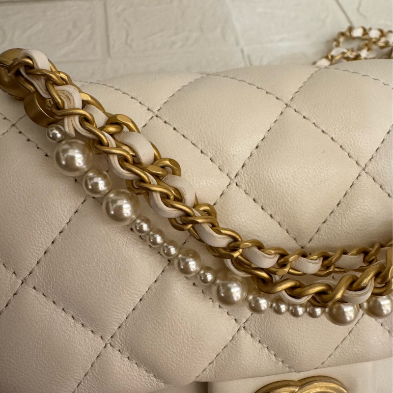 Chanel白羊皮菱格珍珠提把鏈包斜背包-22