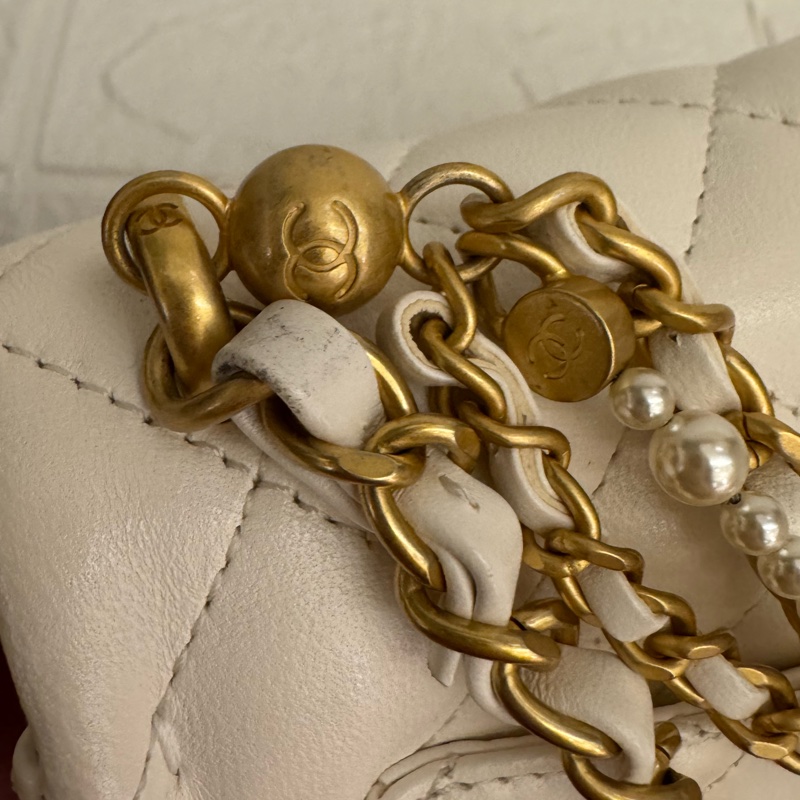 Chanel白羊皮菱格珍珠提把鏈包斜背包-27