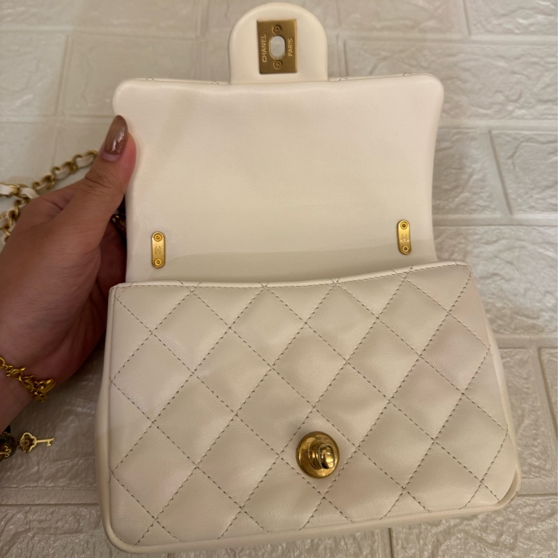 Chanel白羊皮菱格珍珠提把鏈包斜背包-28