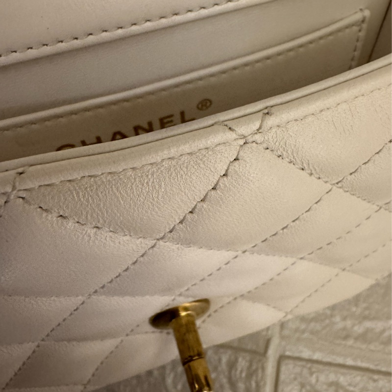 Chanel白羊皮菱格珍珠提把鏈包斜背包-46