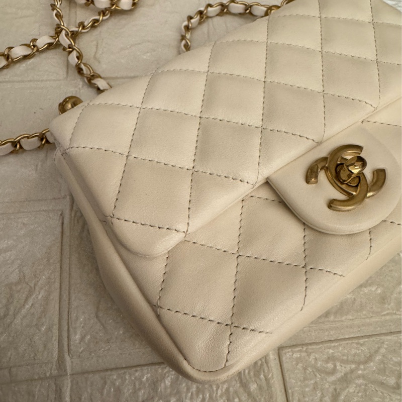 Chanel白羊皮菱格珍珠提把鏈包斜背包-54