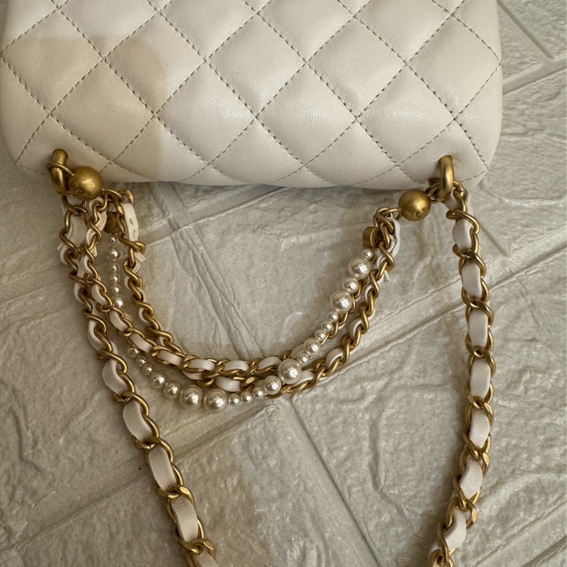 Chanel白羊皮菱格珍珠提把鏈包斜背包-56