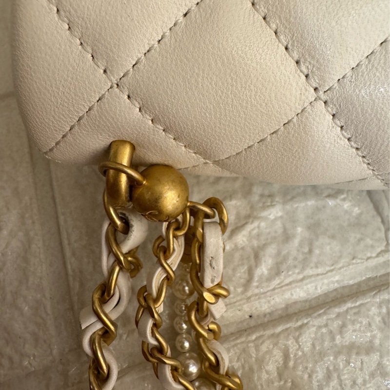 Chanel白羊皮菱格珍珠提把鏈包斜背包-59