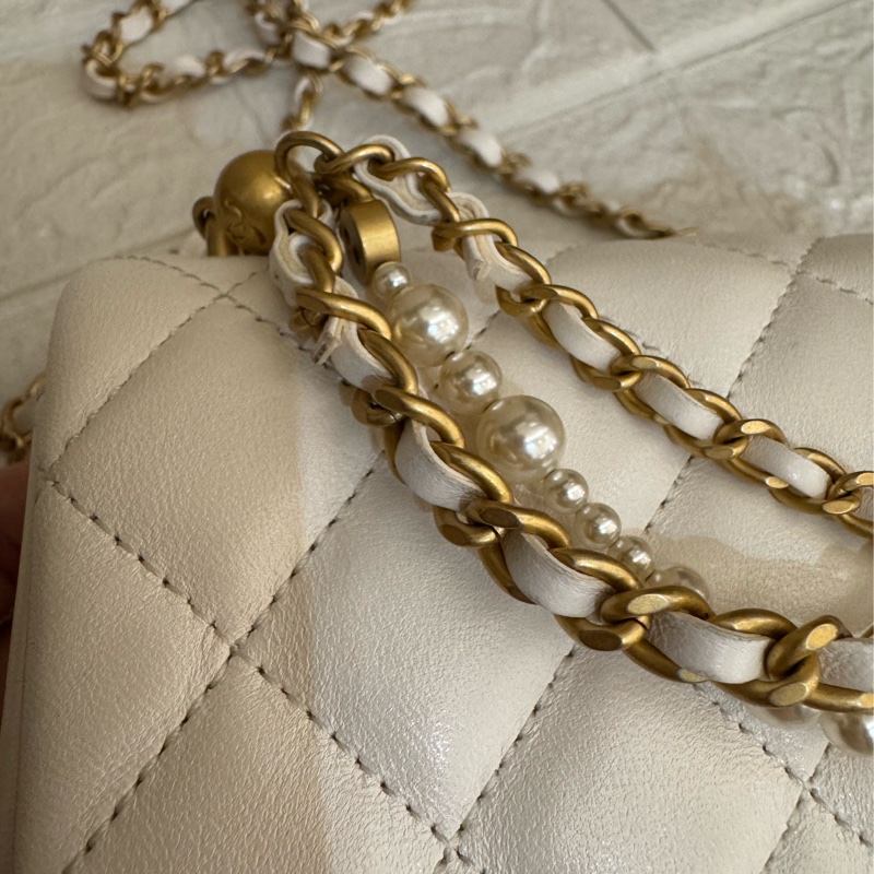 Chanel白羊皮菱格珍珠提把鏈包斜背包-60