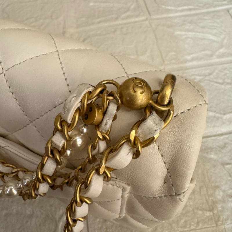 Chanel白羊皮菱格珍珠提把鏈包斜背包-61