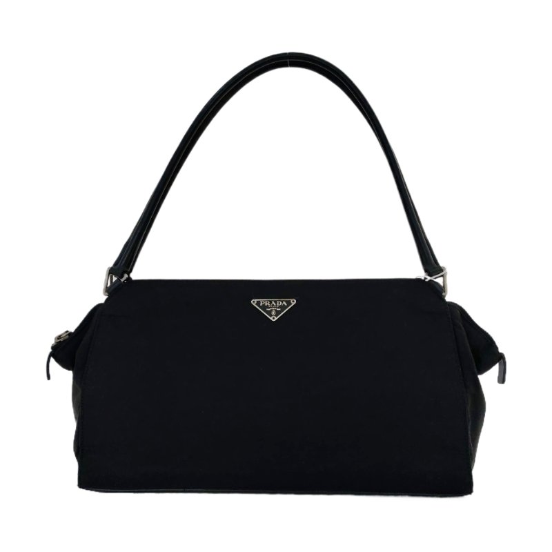PRADA 托特包 黑色尼龍徽標手提包肩背包 銀色五金-0