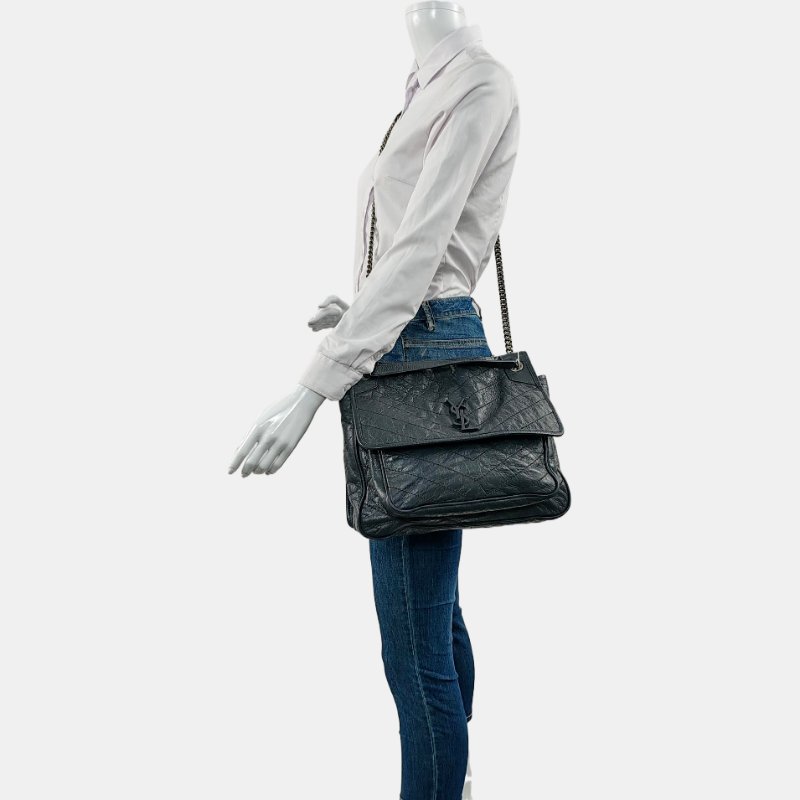 YSL NIKI大號 深灰色牛皮绗縫V紋 肩背包斜背包 釕色五金-1