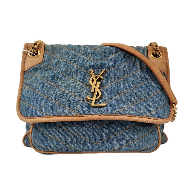 YSL NIKI 中號 藍色牛仔布肩背包斜背包 D扣 金色五金-0