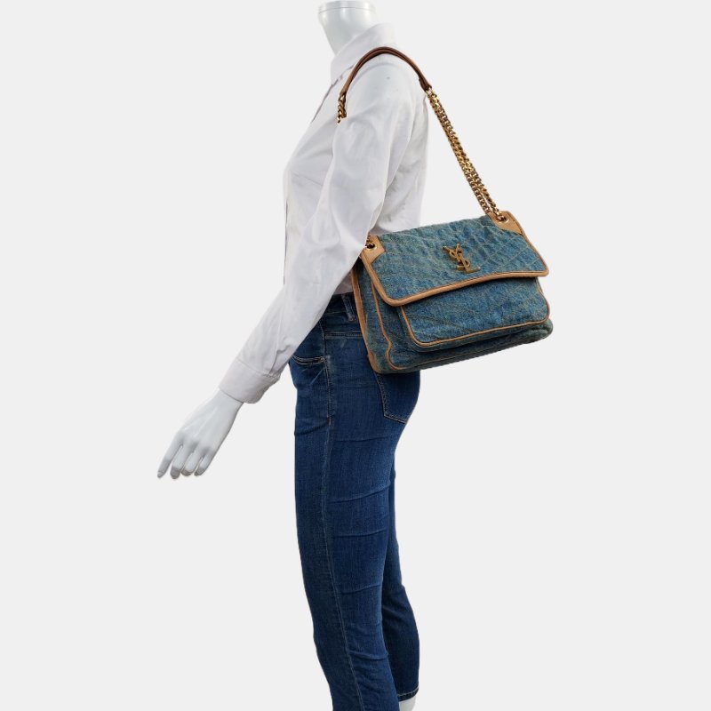 YSL NIKI 中號 藍色牛仔布肩背包斜背包 D扣 金色五金-1