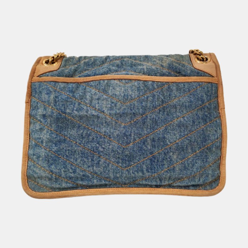 YSL NIKI 中號 藍色牛仔布肩背包斜背包 D扣 金色五金-4