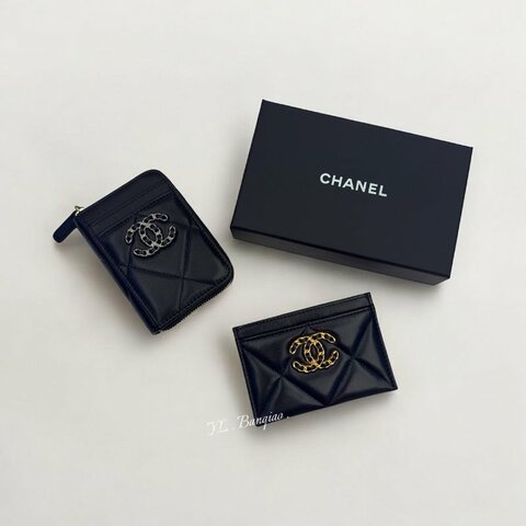 CHANEL卡包 19系列黑銀小羊皮拉鍊卡片零錢包AP2701