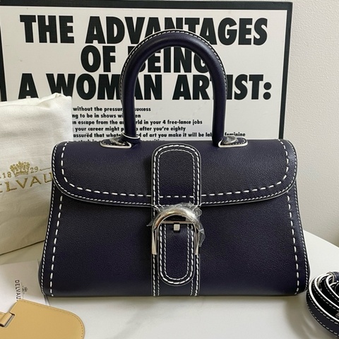 Delvaux Brillant East/West mini Surpique 橫版有肩帶 粒紋小牛皮 靛藍色 外縫線 五金膜基本都在 帶塵袋 尺寸約28*16*14