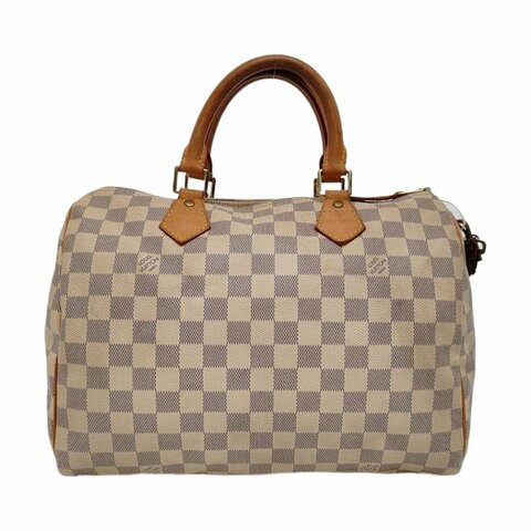 LOUIS VUITTON SPEEDY 30 白色塗層帆布棋盤格波士頓包手提包 金色五金