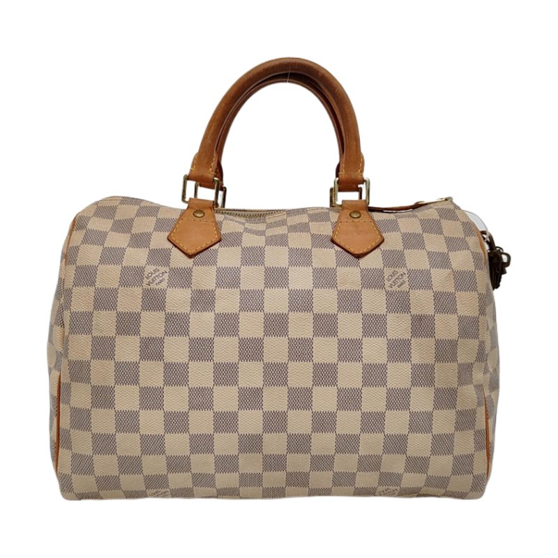 LOUIS VUITTON SPEEDY 30 白色塗層帆布棋盤格波士頓包手提包 金色五金-0
