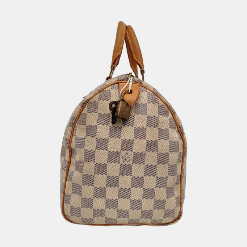 LOUIS VUITTON SPEEDY 30 白色塗層帆布棋盤格波士頓包手提包 金色五金-2