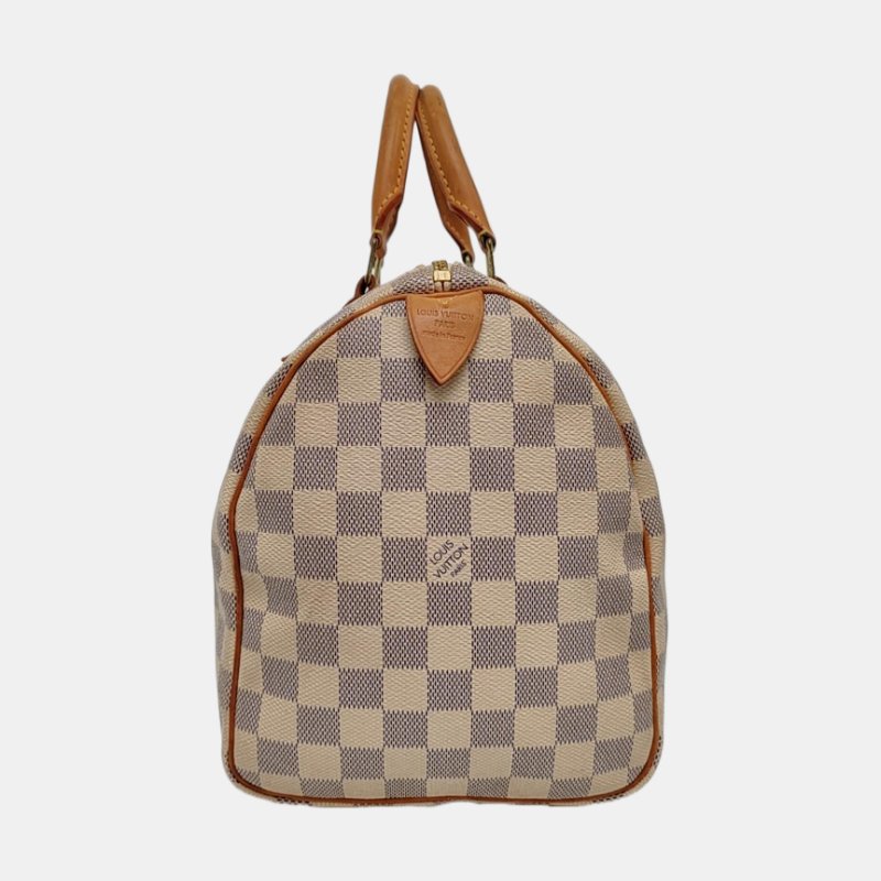 LOUIS VUITTON SPEEDY 30 白色塗層帆布棋盤格波士頓包手提包 金色五金-3