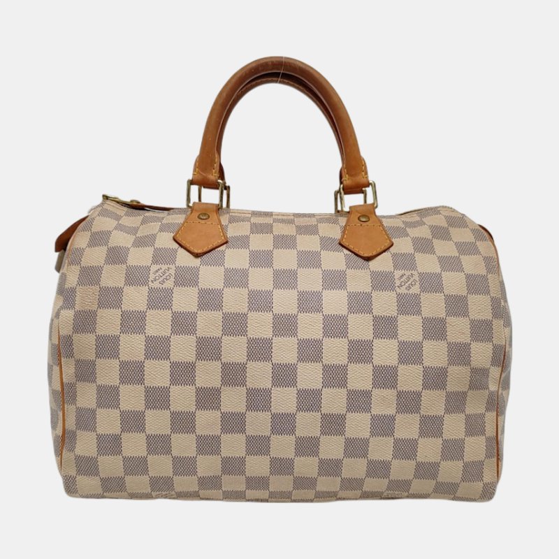 LOUIS VUITTON SPEEDY 30 白色塗層帆布棋盤格波士頓包手提包 金色五金-4
