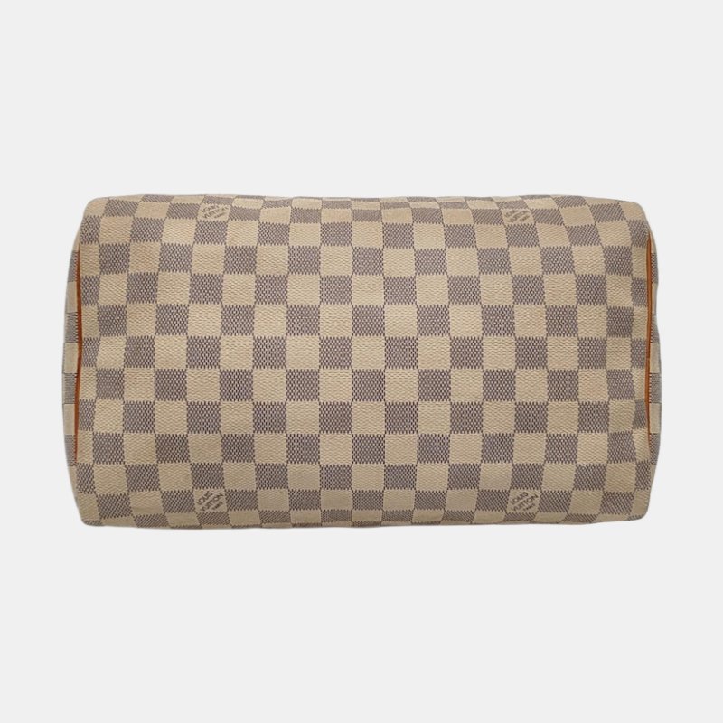 LOUIS VUITTON SPEEDY 30 白色塗層帆布棋盤格波士頓包手提包 金色五金-5