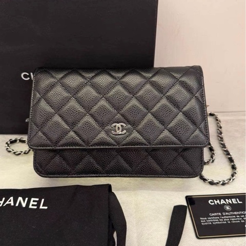 CHANEL香奈兒 黑銀荔枝皮woc發財包鏈條包  31開 尺寸 12.3*19.2*3.5