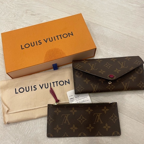 LV 3折老花拼桃紅長夾