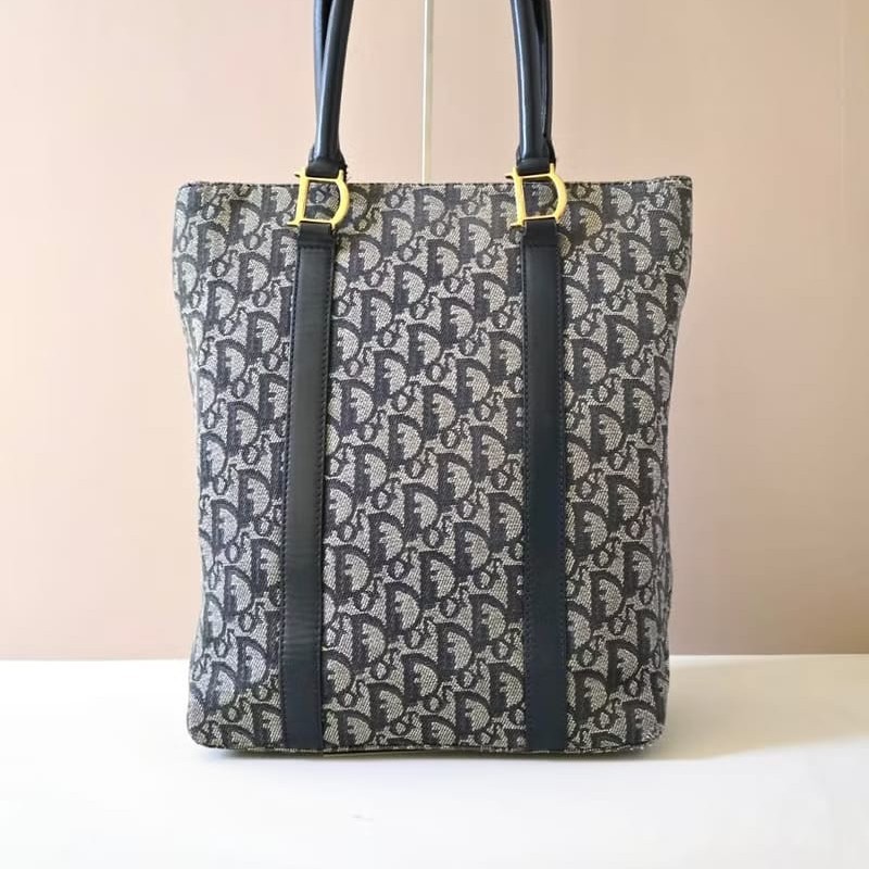 【LA LUNE】絕版中古包 Dior藍灰色老花托特包 單肩包 側背包 古董包 復古包-2