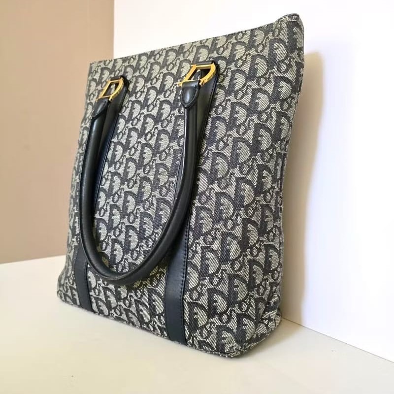 【LA LUNE】絕版中古包 Dior藍灰色老花托特包 單肩包 側背包 古董包 復古包-5