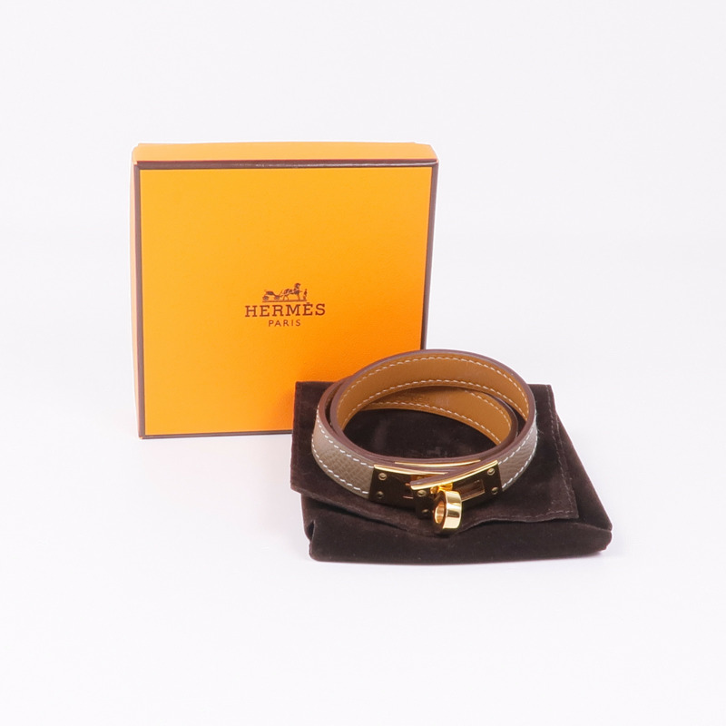 HERMES Epsom/Swift皮革Kelly Double Tour金扣手帶Etoupe-9